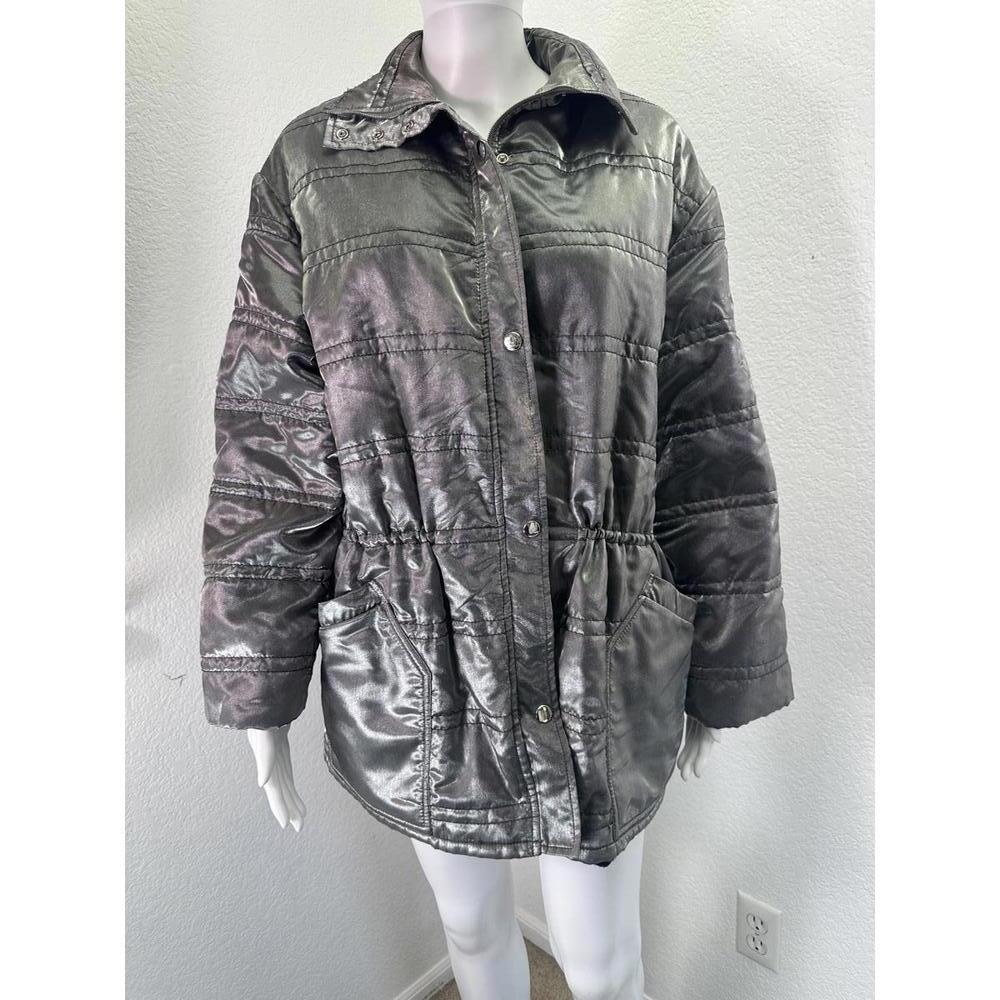Vtg S St John Sport Silver Puffer Coat Fleece Lined Made In USA Metallic Y2K
